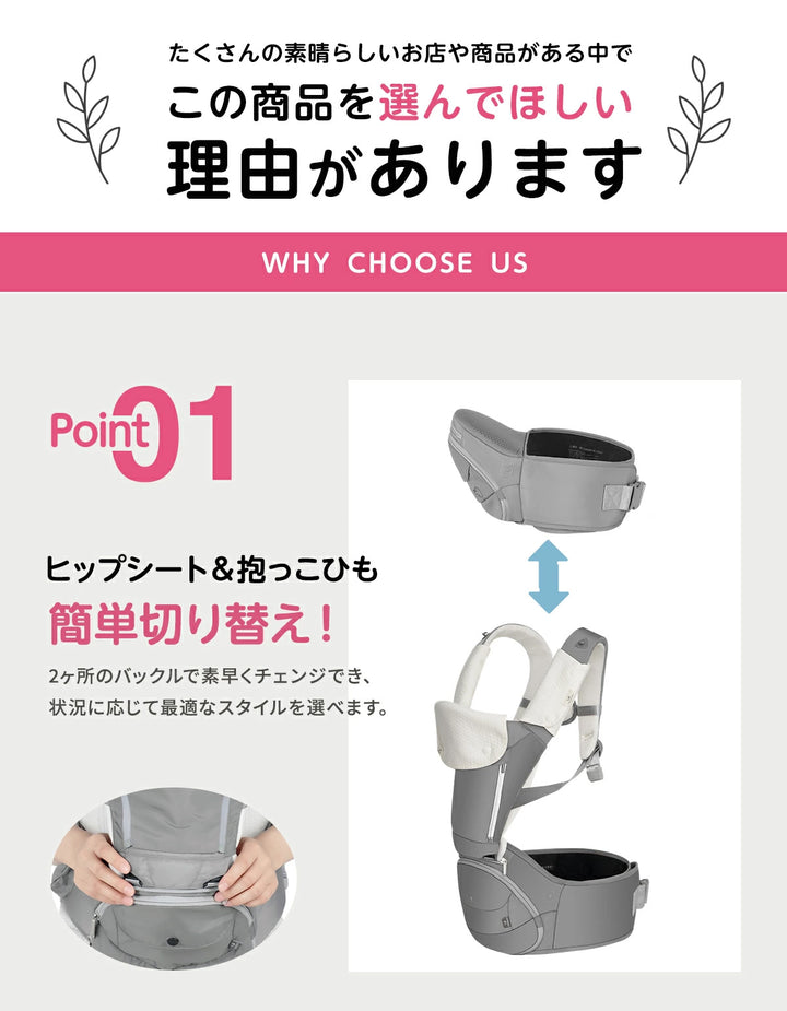 【4WAY】 ヒップシート ヒップシート付き 抱っこ紐 おんぶ紐 ベビーキャリー 赤ちゃん 抱っこひも 延長補助ベルト付き 4WAY 低反発クッション ベビーキャリア ウエストキャリー分離可 ベビーグッズ 推奨耐荷重 15kg ２カラー